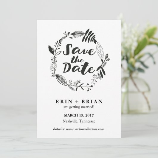 Floral Wreator Drawn Save the Date Card Kaart (Staand voorkant)