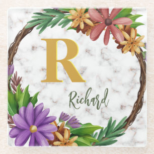 Floral Wreator Initiaal Letter Monogram Name Marbl Glazen Onderzetter
