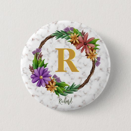Floral Wreator Initiaal Letter Monogram Name Marbl Ronde Button 5,7 Cm (Voorkant)