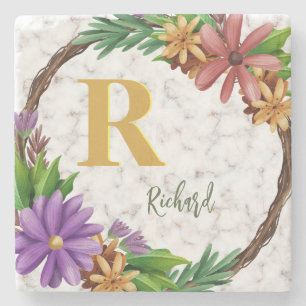 Floral Wreator Initiaal Letter Monogram Name Marbl Stenen Onderzetter