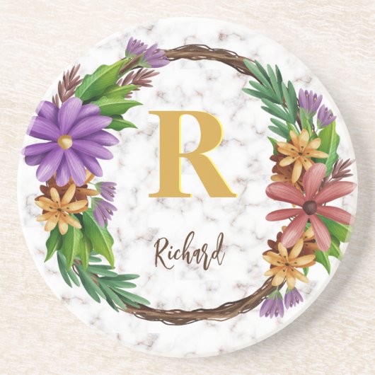 Floral Wreator Initiaal Letter Monogram Name Marbl Zandsteen Onderzetter (Voorkant)