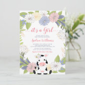 Floral Wreator Koe Girl Baby shower Invitation Kaart (Staand voorkant)
