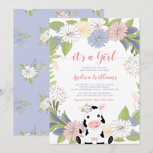 Floral Wreator Koe Girl Baby shower Invitation Kaart (Voorkant / Achterkant)