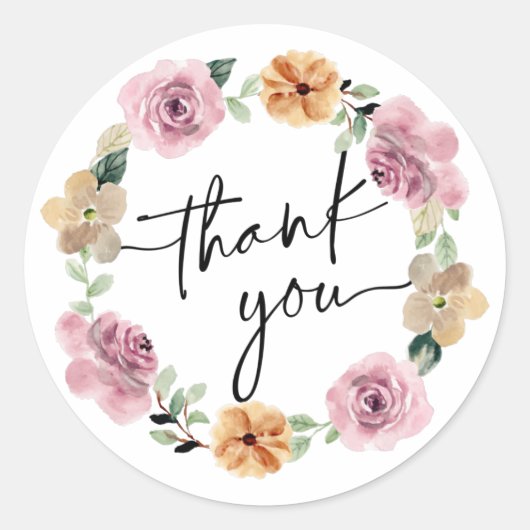 Floral Wreatscript Bedankt Ronde Sticker (Voorkant)