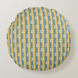 Floral Yellow and Aqua Striped Round Pillow Rond Kussen