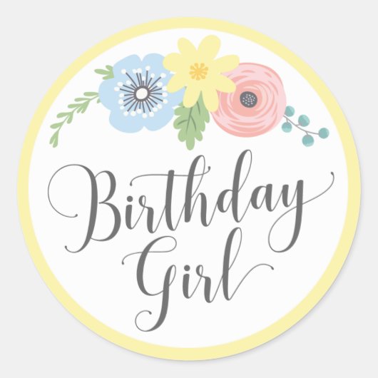 Floral Yellow Birthday Girl Baby & Kinder Partij Ronde Sticker (Voorkant)