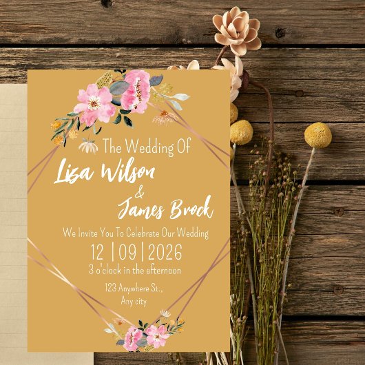Floral yellow Rustic Wedding  Kaart
