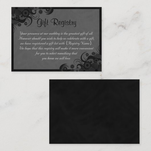 Floral Zwart en Grijs Huwelijkscadeau Registry Informatiekaartje (Voorkant / Achterkant)