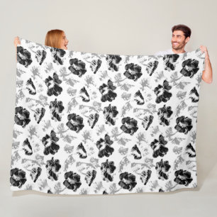 Floral, zwart en wit fleece deken