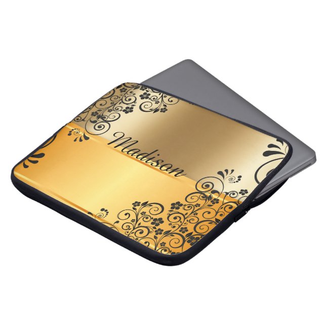 Floral zwart laptop sleeve (Voorkant top)