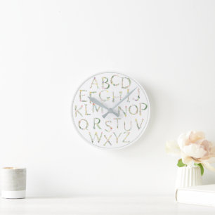 Florale ABC Alfabet Canvas Muurkunst Ronde Klok