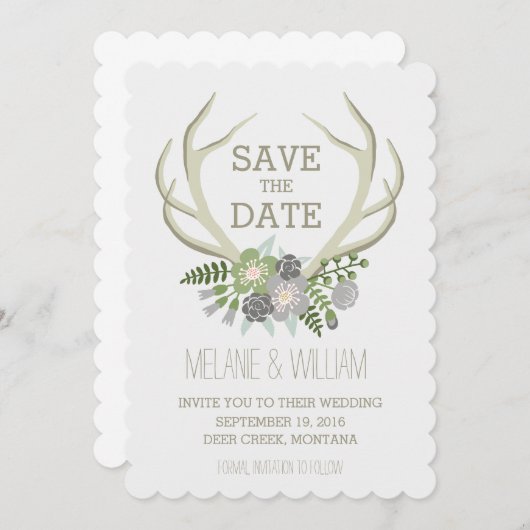 FLORALE ANTLERS | RUSTISCHE BESPARING DATUM SAVE THE DATE (Voorkant / Achterkant)