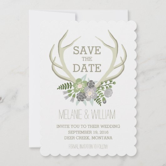 FLORALE ANTLERS | RUSTISCHE BESPARING DATUM SAVE THE DATE (Voorkant)