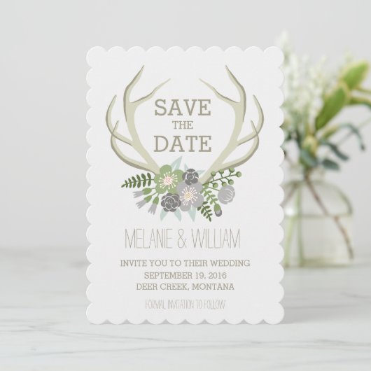 FLORALE ANTLERS | RUSTISCHE BESPARING DATUM SAVE THE DATE (Staand voorkant)