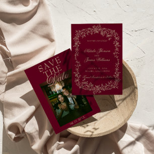 Florale Bourgondische Beige Oude Geld Foto Huwelij Save The Date