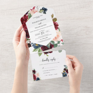 Florale bruiloft met RSVP van de Burgundy Red Navy All In One Uitnodiging