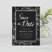 Florale bruiloft met zwarte en witte inkt save the date (Staand voorkant)