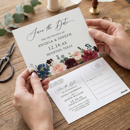 Florale bruiloft van de Rode marine van Bourgogne Briefkaart