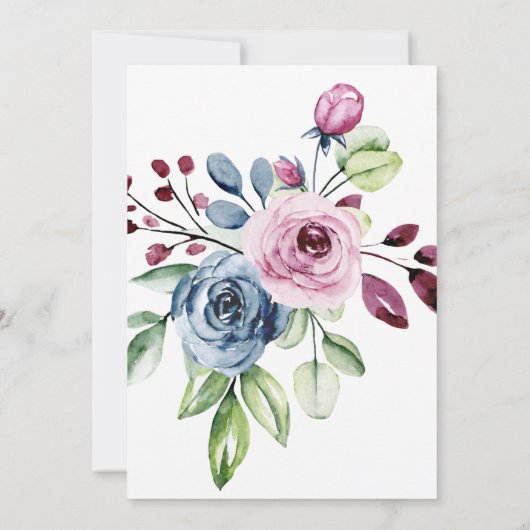 Florale bruiloft van Navy Blue en Wine Waterverf Kaart (Achterkant)