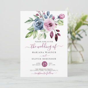 Florale bruiloft van Navy Blue en Wine Waterverf Kaart