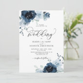 Florale bruiloft van Navy Dusty Blue Flowers Kaart (Staand voorkant)