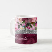 florale Burgundy roze faux monogram Koffiemok (Voorkant links)