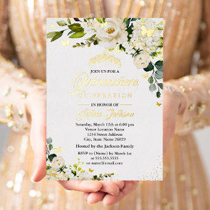 Florale Champagne Gouden Waterverf Quinceanera Folie Uitnodiging