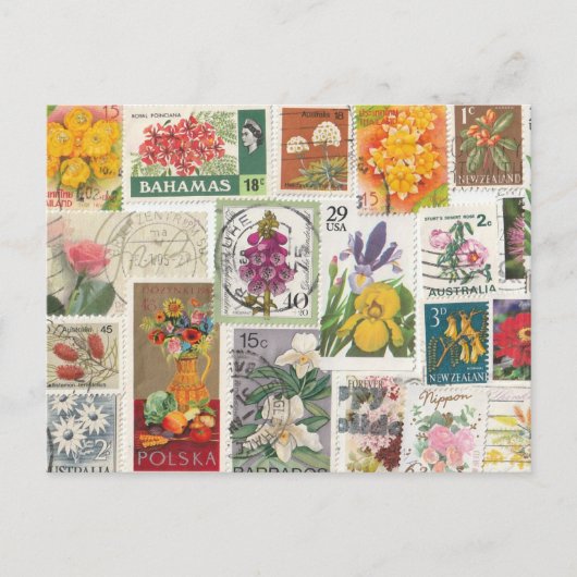 Florale collage - Wereldzegels Briefkaart (Voorkant)