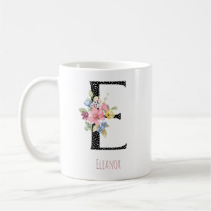 Florale E Monogram Naam Zwarte Polkadot Coffee Mug Koffiemok