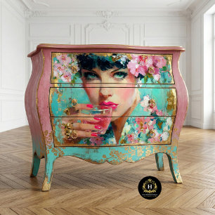 Florale Glam Vrouw met Roze Drink Decoupage Tissuepapier