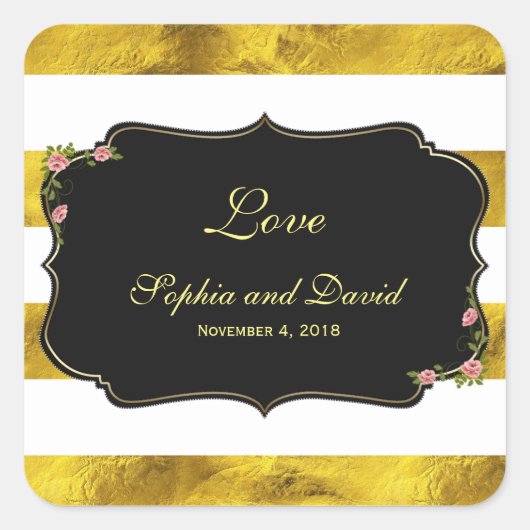 Florale Goud Folie Witte Strepen Trouwdag Custom Vierkante Sticker (Voorkant)