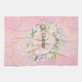 Florale Gouden Script Monogram Roze Geode Agaat Theedoek (Horizontaal)