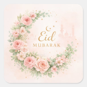 Florale Halve Maan Eid Mubarak Stickers– Zachte Ro Vierkante Sticker
