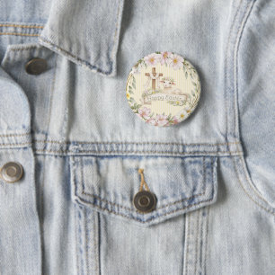 Florale Kruis en Lam   Gelukkig Pasen Ronde Button 5,7 Cm