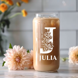 Florale Letter J Monogram Met Naam Wit Blikvorm Glas