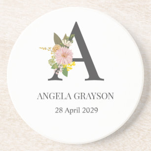 Florale Monogram Letter A Aangepaste Naam en Datum Zandsteen Onderzetter