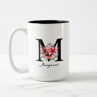 Florale Monogram Letter M Margaret Aangepaste Naam Tweekleurige Koffiemok