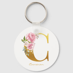 Florale monogram namaak goud naam initiaal persona sleutelhanger
