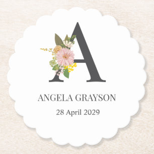 Florale monogramletter A aangepaste naam en datum  Kartonnen Onderzetters