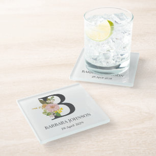 Florale monogramletter B aangepaste naam en datum Glazen Onderzetter