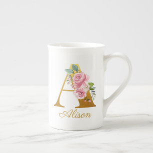 Florale Monogramnaam Initiaal Botanisch Aangepast Porselein Kop