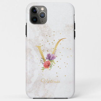 Florale Monogramnaam Initiaal V Letter Personalise iPhone 11 Pro Max Hoesje