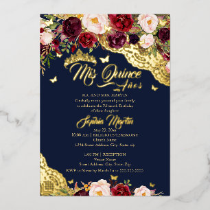 Florale Navy Bourgondië Gouden Kant Quinceanera Folie Uitnodiging