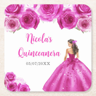 Florale prinses in hete roze jurk Quinceanera Vierkante Kartonnen Onderzetter