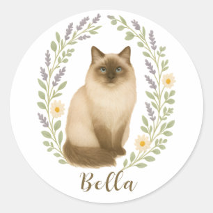 Florale Ragdoll Kat Kader Met Persoonlijke Naam Ronde Sticker