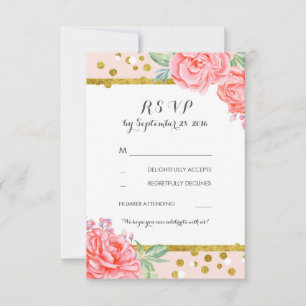florale  roze goudstrepen bruiloft rsvp