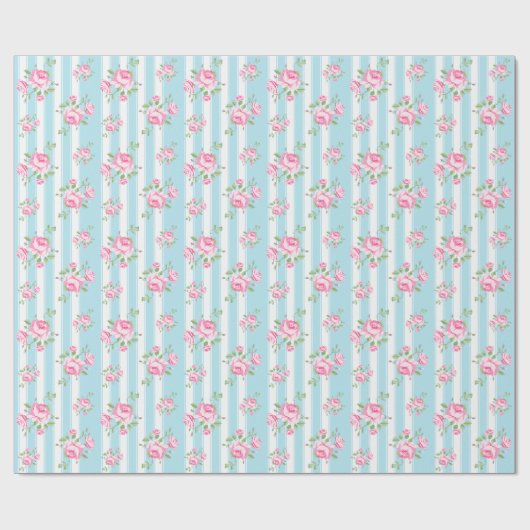 florale rozen klassieke stripe lichtblauw cadeaupapier (Vlak)
