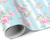 florale rozen klassieke stripe lichtblauw cadeaupapier (Rol Hoek)
