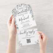 Florale Script Monogram QR Code Huwelijk All In One Uitnodiging (Afscheurbaar)