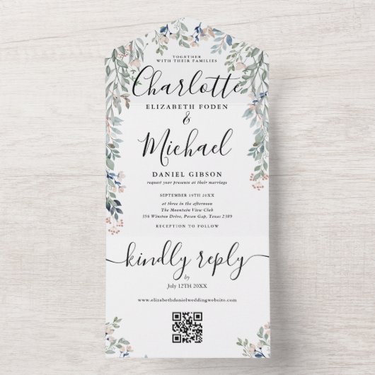 Florale Script Monogram QR Code Huwelijk All In One Uitnodiging (Binnen)